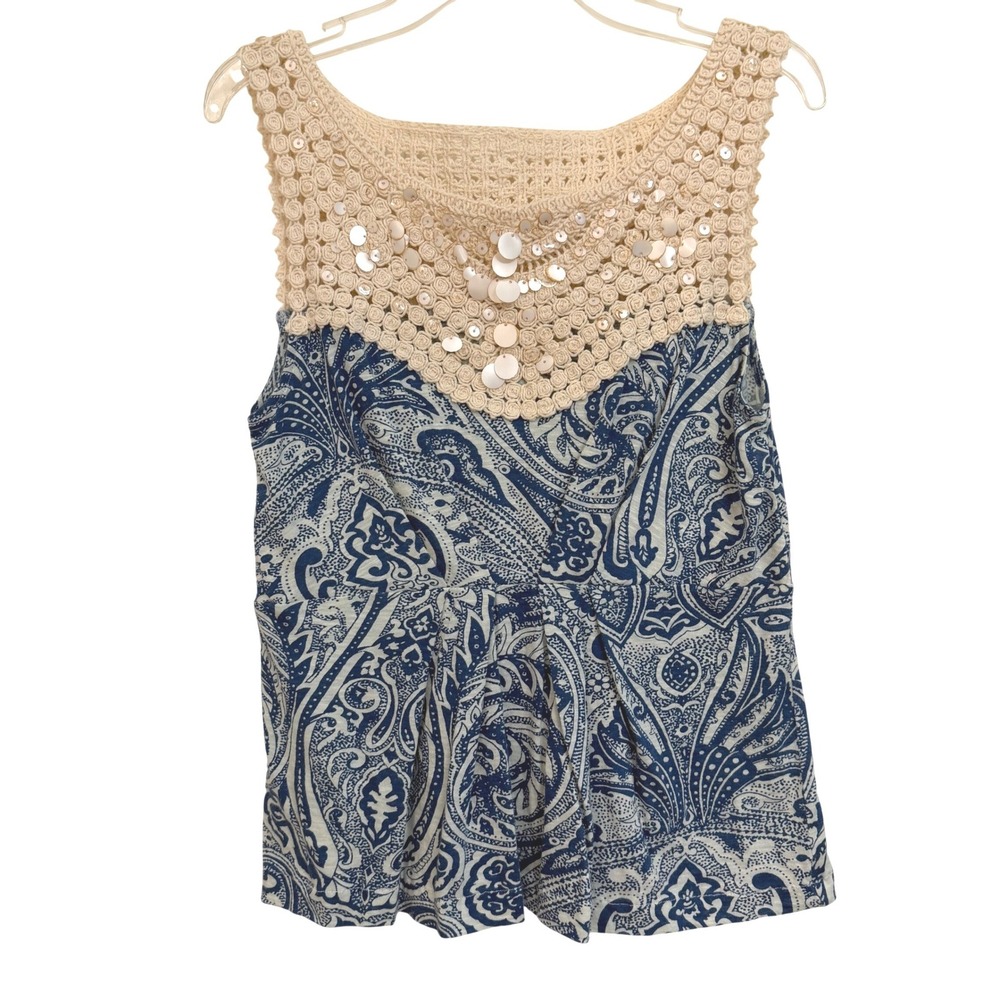 Deletta Anthropologie Blue Paisley Crochet Sequin Yoke Sleeveless Boho Top S EUC
